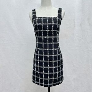 Jason Wu XS Mini Dress Black Windowpane Check Tweed Shimmer Sleeveless Cocktail